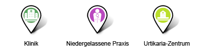 HAUTWENDE: Nesselsucht Arztsuche Symbol für Klinik, Symbol für niedergelassene Praxis und Symbol für Urtikaria-Zentrum..
