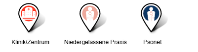 HAUTWENDE: Psoriasis Arztsuche Symbol für Klinik, Symbol für niedergelassene Praxis und Symbol für Psonet.