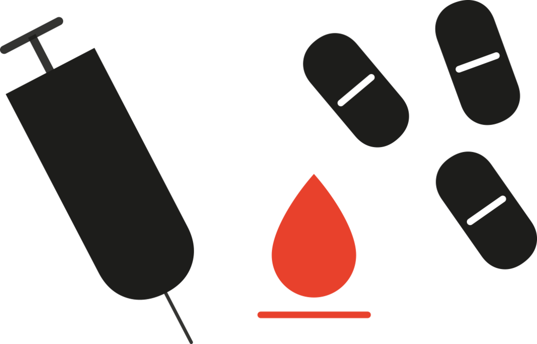 Psoriasis: Behandlung Grafik mit stilisierter Spritze, stilisierten Tabletten und einem Symbol für Blut.
