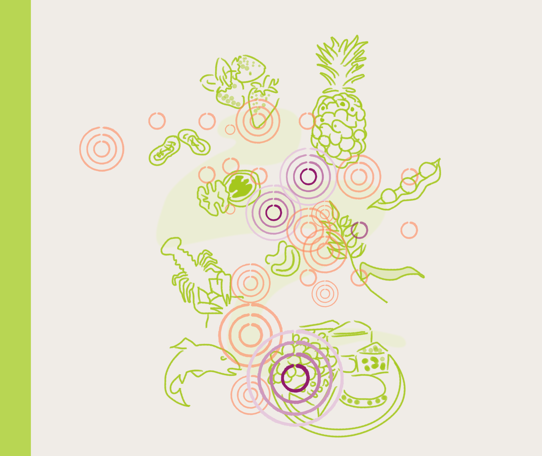 Nesselsucht und Ernährung: Allergieauslösende Lebensmittel Illustration mit Erdbeeren, Ananas, Chili und Käseplatte.