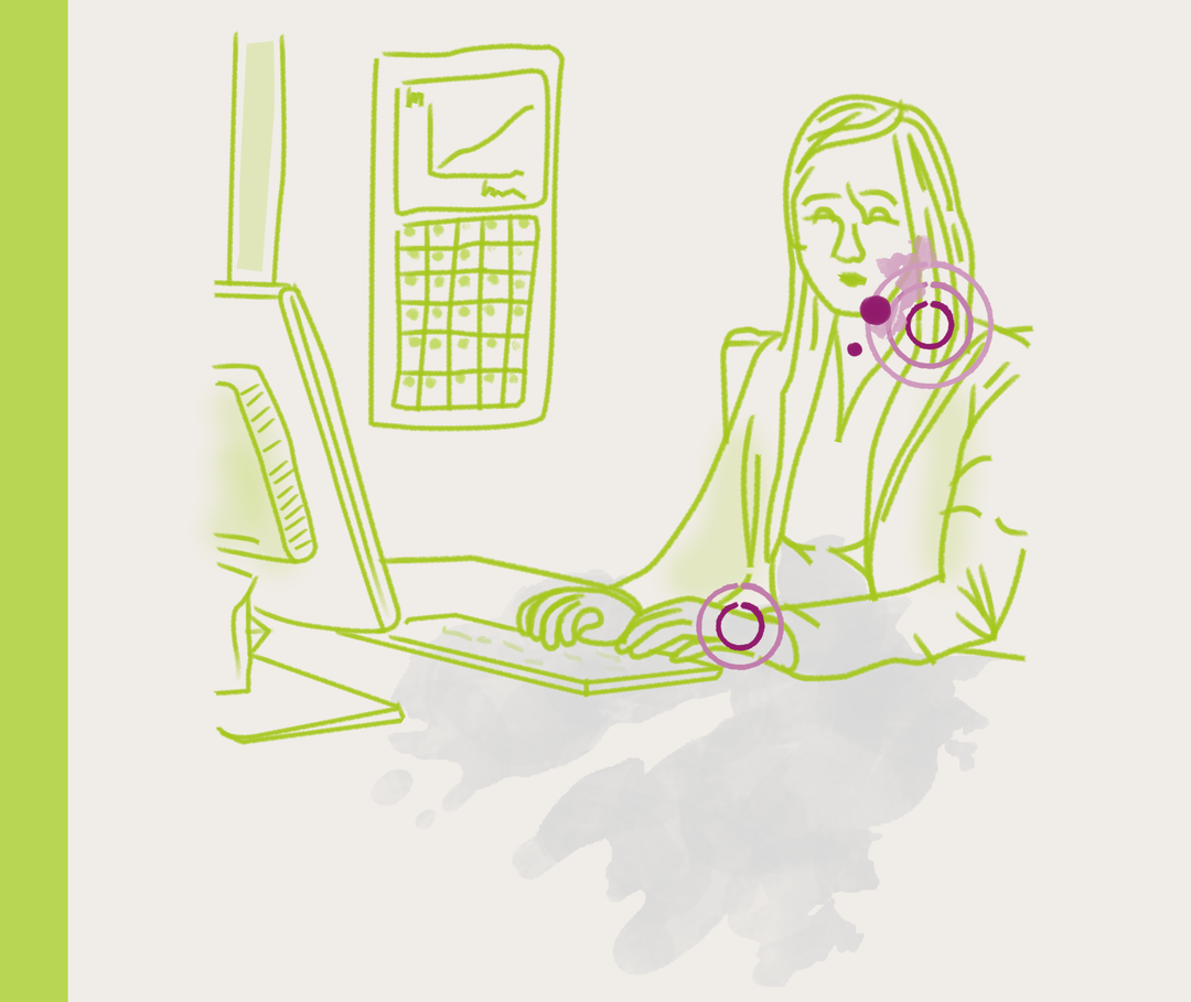 Nesselsucht-Symptome: Beeinträchtigung Arbeit Illustration einer Frau an einem Schreibtisch mit Tastatur und PC-Bildschirm.