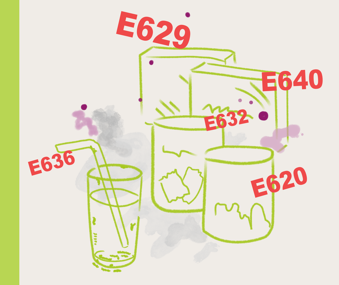 Nesselsucht: Illustration Lebensmittelzusatzstoffe Illustration von Lebensmitteln. Darüber stehen die Zusatzstoffbezeichnungen E629, E640, E632, E636 und E620.
