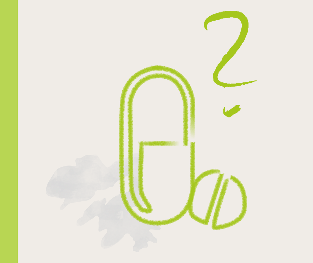 Nesselsucht und Schwangerschaft: Illustration Tabletten Illustration von zwei verschiedenen Tabletten. Darüber steht ein Fragezeichen.