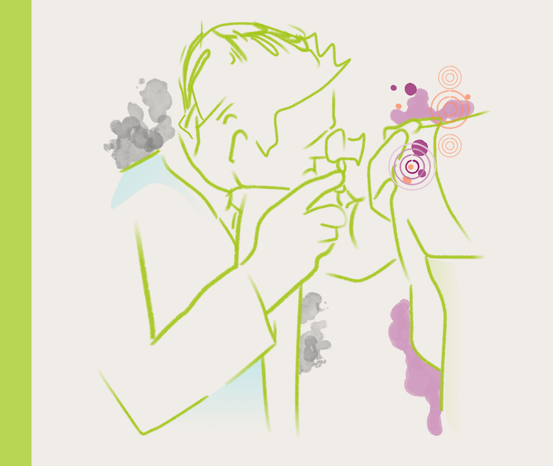 Illustration ärztliche Untersuchung Illustration einer Person, die mit einem Instrument eine Schulter untersucht