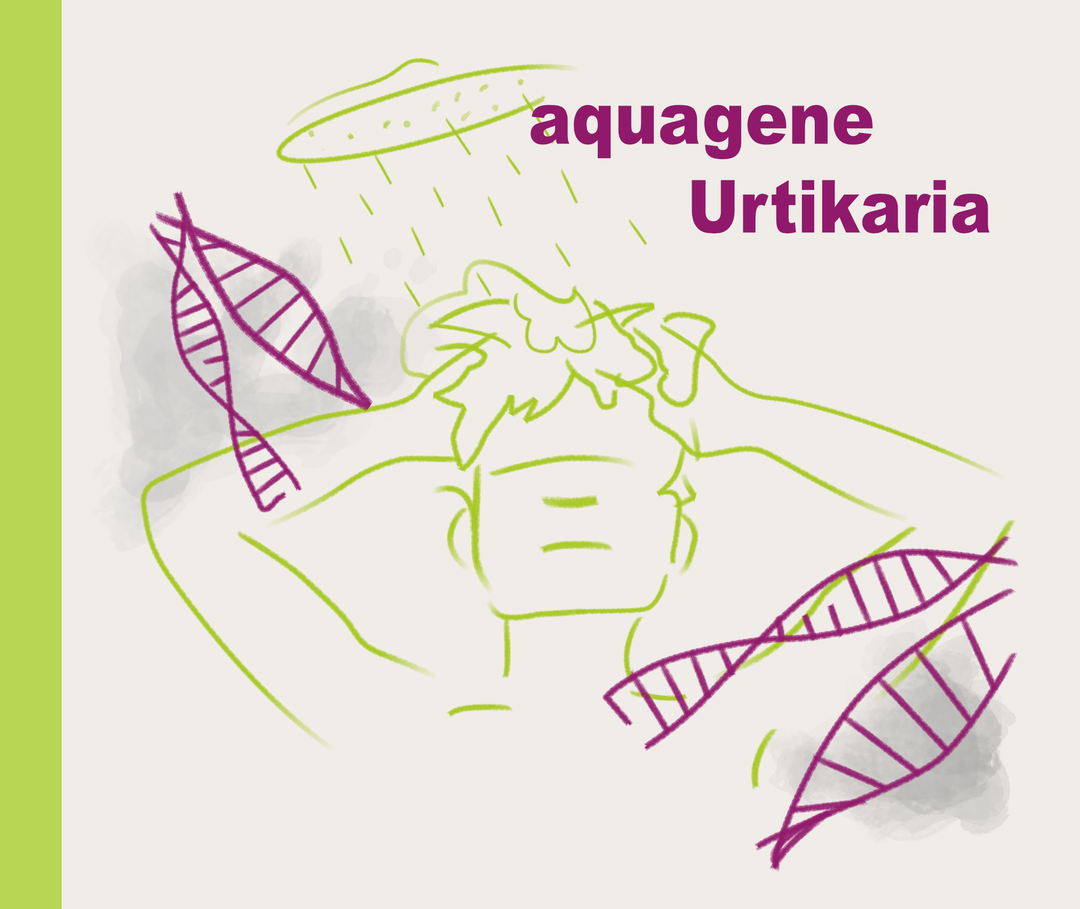 Nesselsucht: Illustration aquagene Urtikaria Illustration eines Manns unter der Dusche und symbolische Darstellung von DNA-Strängen.