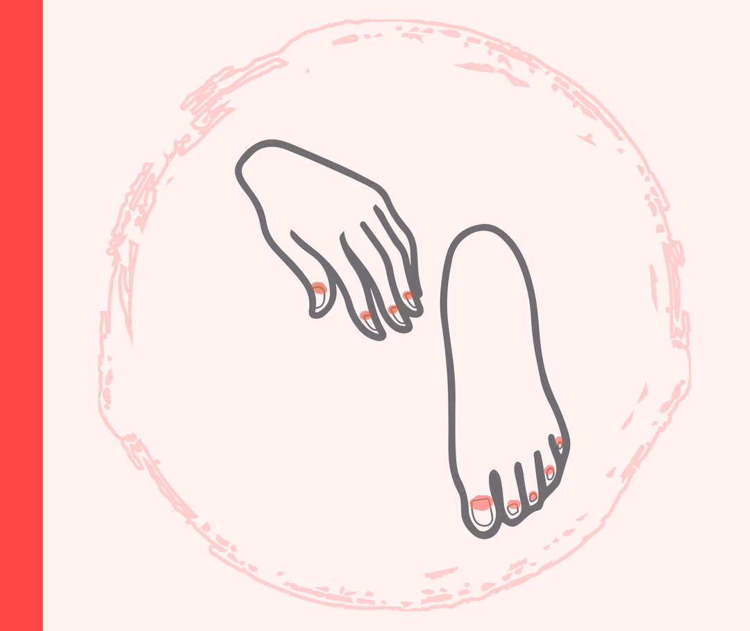 Sonderform: Nagelpsoriasis Grafik einer Hand und eines Fußes mit roten Markierungen im Bereich der Nägel, die die Nagelpsoriasis darstellen sollen.