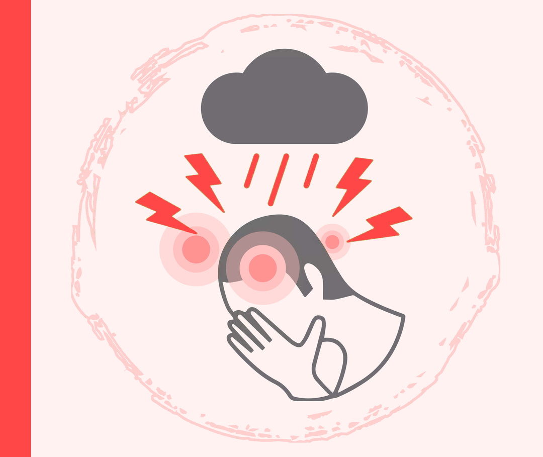Stress und Psoriasis Grafik eines in die Hände gestützten Kopfes mit einer Gewitterwolke und Blitzen darüber.