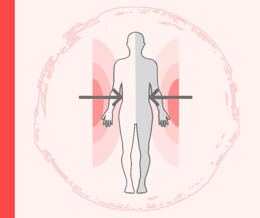 Übergewicht bei Psoriasis Umriss eines Menschen. An beiden Seiten befinden sich nach innen gerichtete Pfeile.