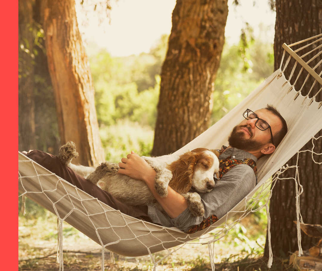 Nach stressigen Momenten braucht es eine Pause! Ein Mann und ein Hund liegen in einer Hängematte und dösen.