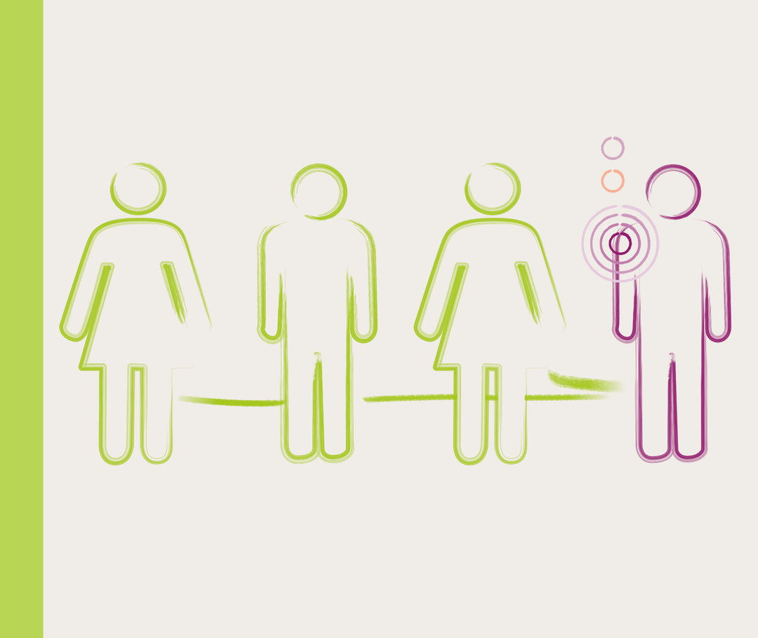Nesselsucht: Illustration Personengruppe Illustration von vier Personen, von denen eine durch einen rötlichen Umriss hervorgehoben ist.