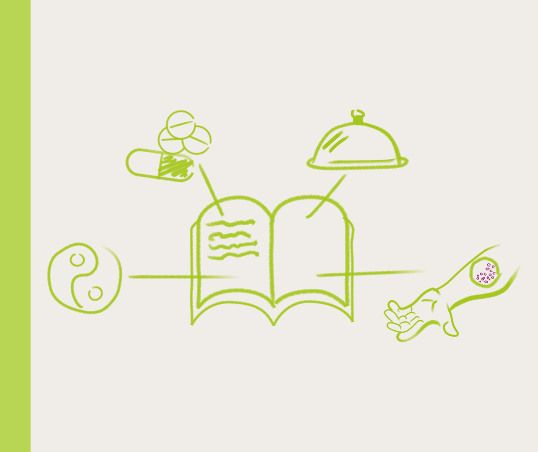 Vorbereitung auf den Arzttermin bei Nesselsucht Illustration eines Buches, aus dem Symbole für Medikamente, Ernährung, Symptome und Stresssituationen hervorgehen.