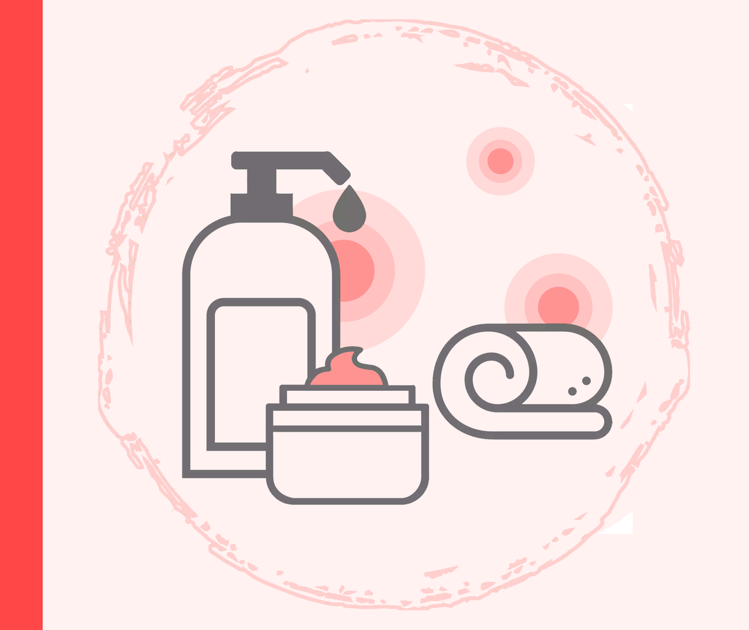 Psoriasis: Feuchtigkeitspflege Grafik eines Seifenspenders, eines Tiegels mit Creme und eines zusammengerollten Handtuchs.