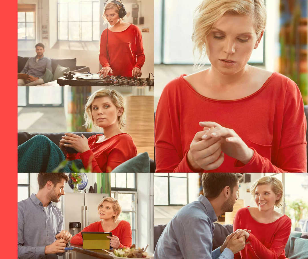 Lisas Patientengeschichte Eine Collage aus mehreren Bildern, auf denen eine Frau allein und mit einem Mann in alltäglichen Situationen zu Hause zu sehen ist.