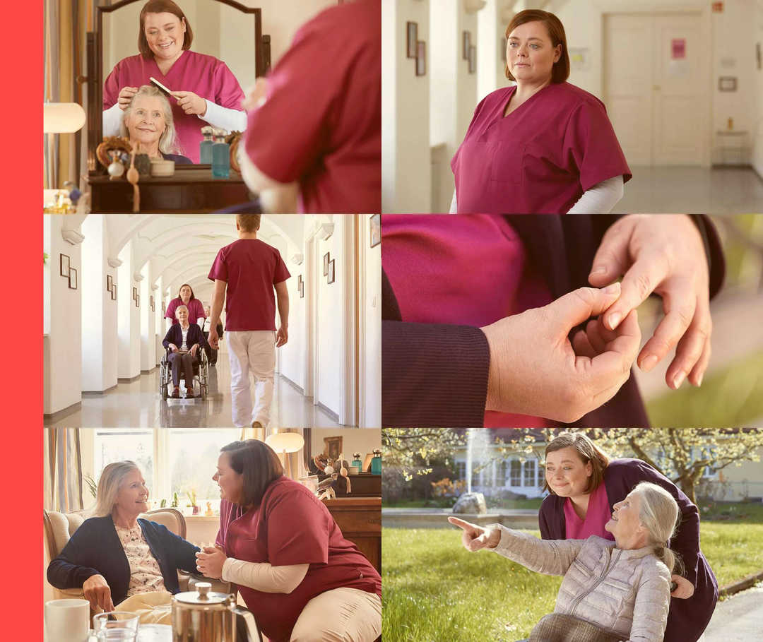 Sarahs Job Bildercollage mit verschiedenen Szenen, in denen eine Pflegerin ältere Menschen frisiert, mit ihnen redet oder mit dem Rollstuhl spazieren fährt.