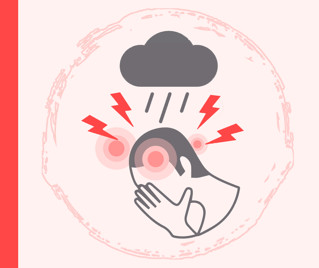 Auslöser: Stress Grafik eines in die Hände gestützten Kopfes mit einer Gewitterwolke und Blitzen darüber.