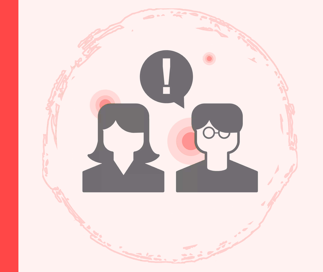Diagnose: Arztgespräch Grafische Darstellung eines Frauen- und Männerkopfes. Über dem rechten, männlichen Kopf befindet sich eine Sprechblase mit einem Ausrufezeichen.