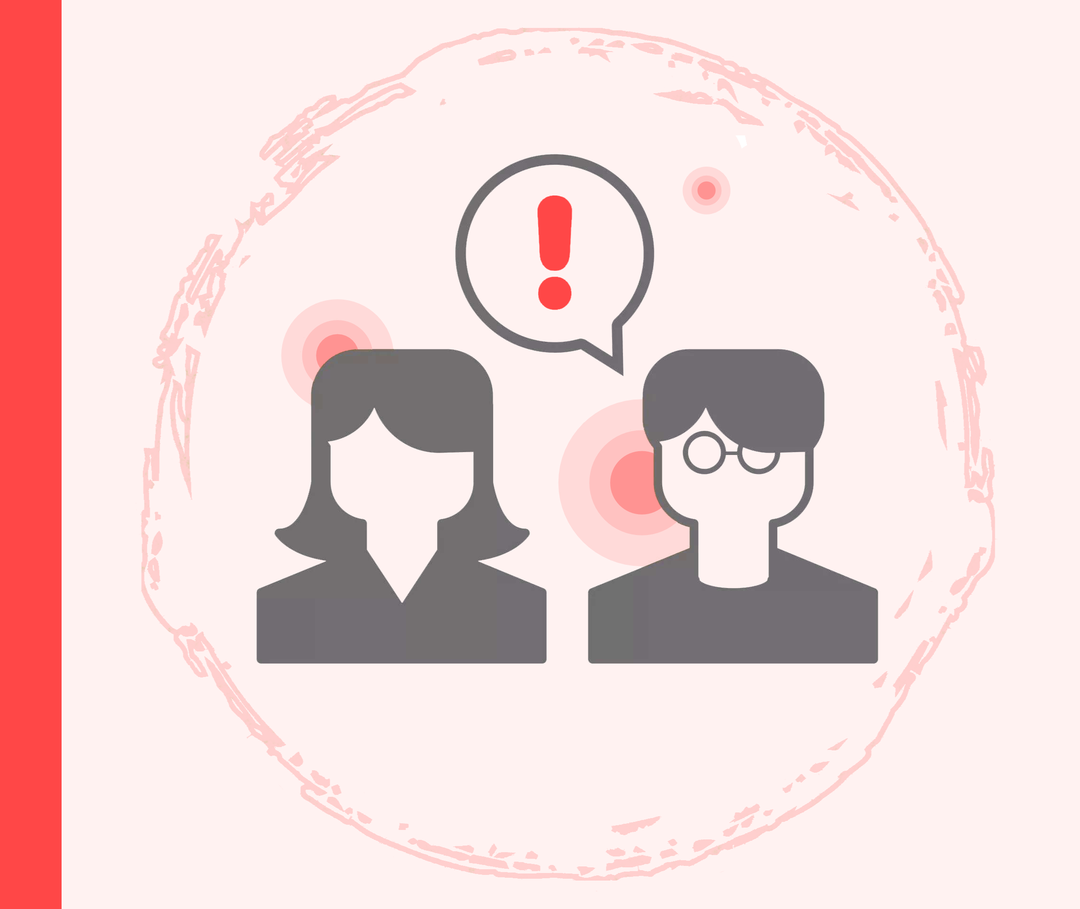 Therapietreue: Arztgespräch Grafische Darstellung eines Frauen- und Männerkopfes. Über dem rechten, männlichen Kopf befindet sich eine Sprechblase mit einem Ausrufezeichen.