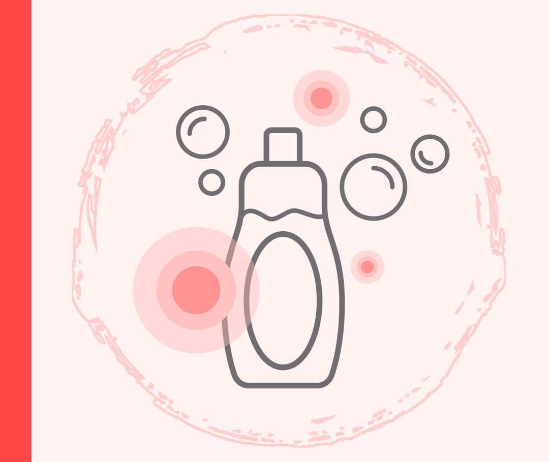 Waschmittel bei Psoriasis Grafik einer Waschmittelflasche mit Seifenblasen.