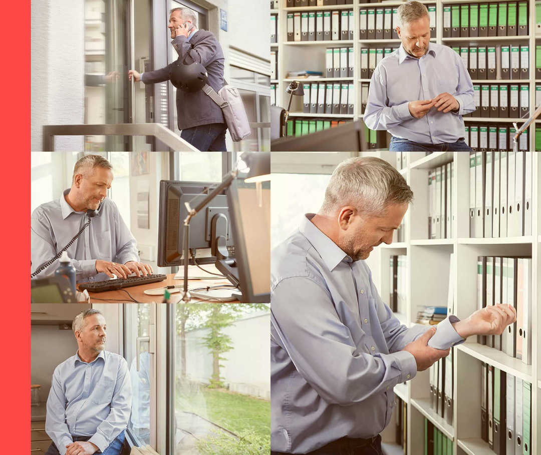 Psoriasis: Patientengeschichte Christoph Auf einer Bild-Collage ist ein Mann in verschiedenen Situationen im Büro zu sehen – bei der Arbeit, in der Pause und während er seinen Unterarm betrachtet.
