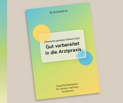 Titelbild des Ratgebers „Chronische spontane Urtikaria (csU): Gut vorbereitet in die Arztpraxis“.