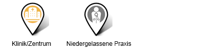 Symbol für Klinik und Symbol für niedergelassene Praxis.
