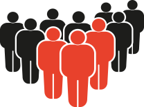 Eine Grafik mit stilisierten Menschen, drei im Vordergrund rot, die im Hintergrund schwarz. 