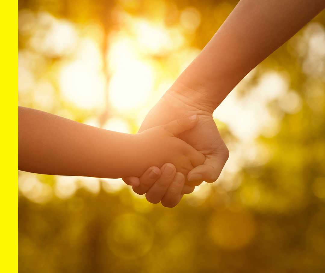 Nahaufnahme von einer großen Hand, die eine kleine Hand hält.