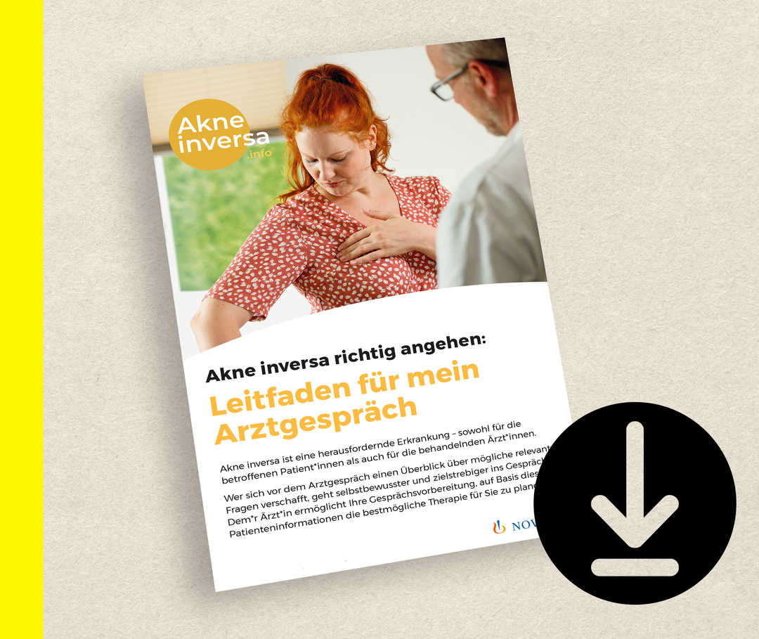 Vorschaubild der ersten Seite eines Gesprächsleitfadens zur Therapie bei Akne inversa.