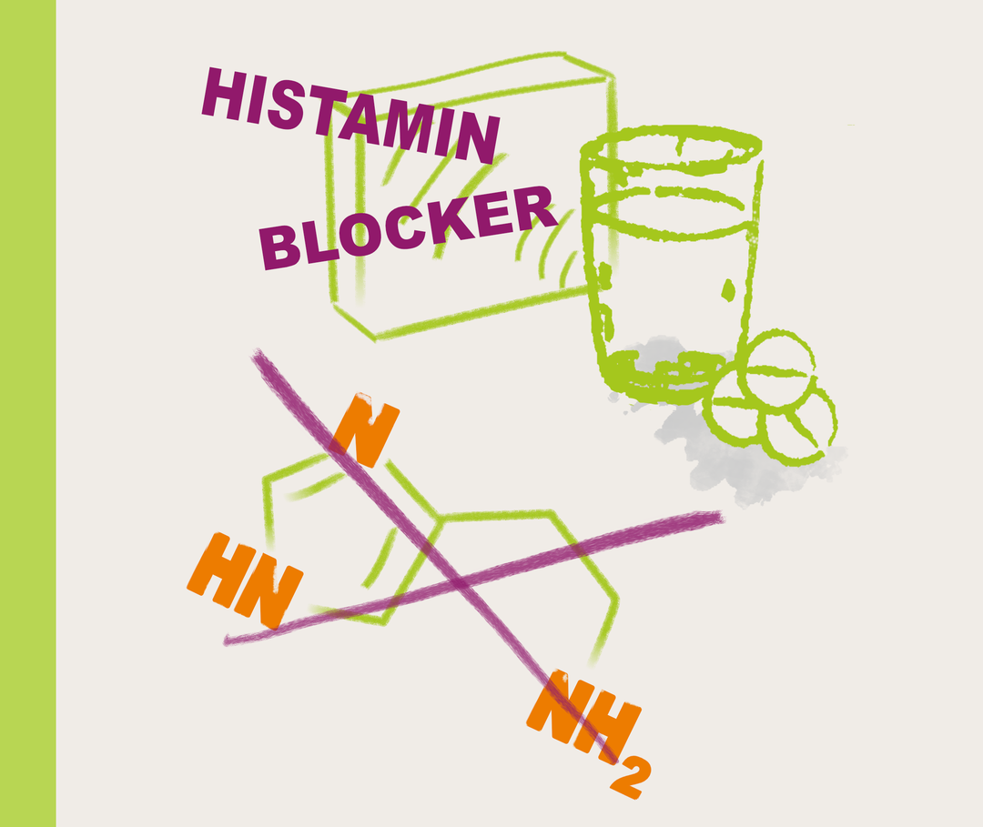 Illustration von Antihistaminika mit den Wörtern: Histamin und Blocker.