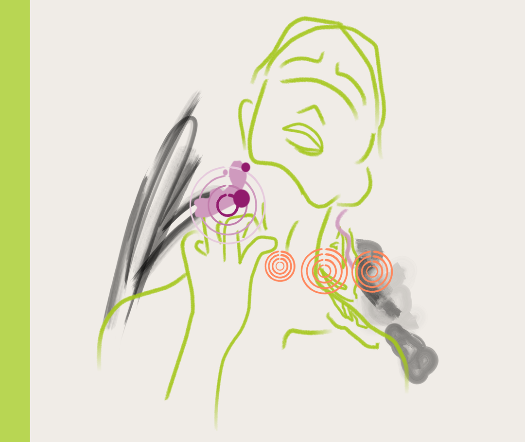 Die Illustration zeigt eine Person, die sich am Hals kratzt. Rote Zielscheiben markieren verschiedene Stellen am Hals.