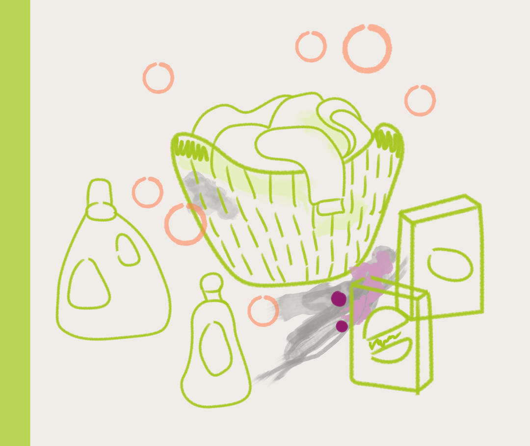 Illustration eines Wäschekorbs mit Waschmittel darum. 