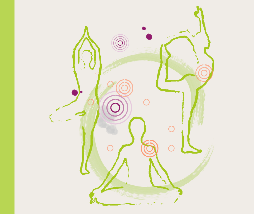 Illustration mit drei verschiedenen Yogaübungen.