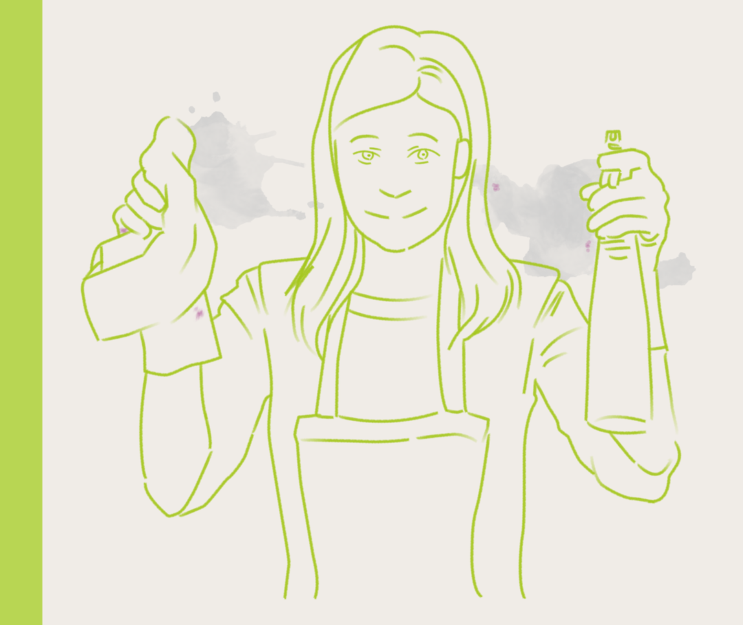 Illustration einer Frau, die Putzmittel in der Hand hält.