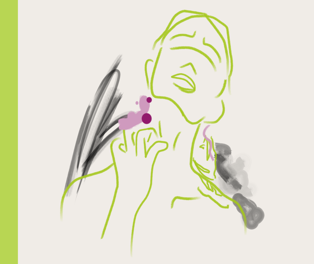 Die Illustration zeigt eine Person, die sich am Hals kratzt. Rote Zielscheiben markieren verschiedene Stellen am Hals.