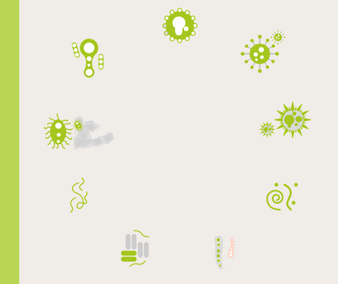 Illustration einer Reihe von biologischen Symbolen wie Bakterien und Zellen.