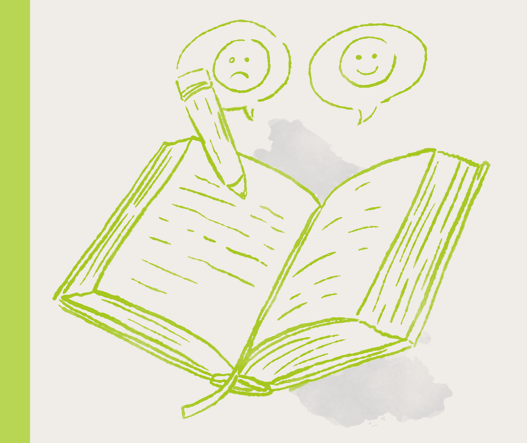 Illustration eines Tagebuchs mit einem Stift sowie einem lachenden und einem bedrückten Smiley.