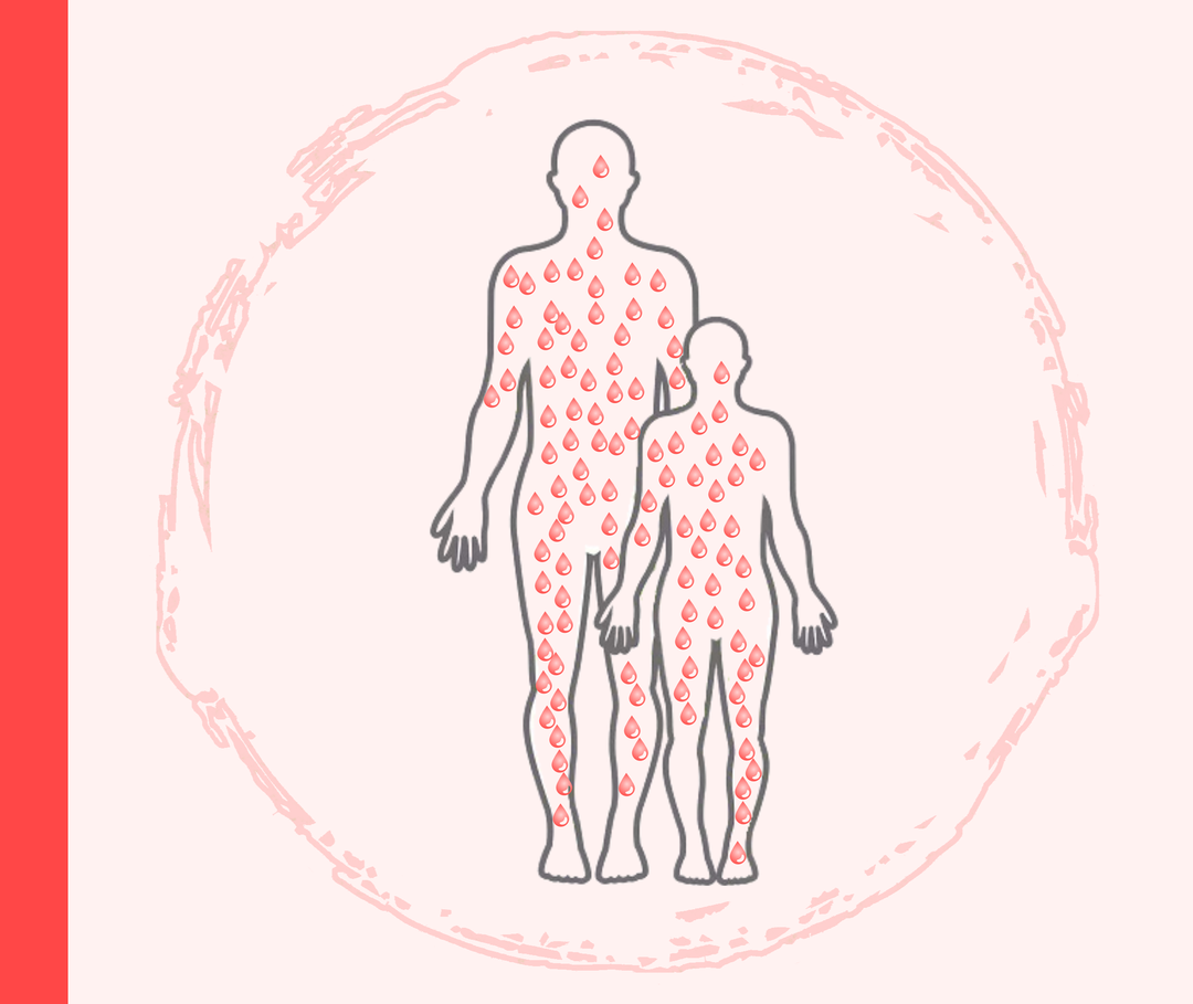 Umrisse eines größeren und eines kleineren Menschen mit roten Tropfen, die die Psoriasis guttata symbolisieren. 