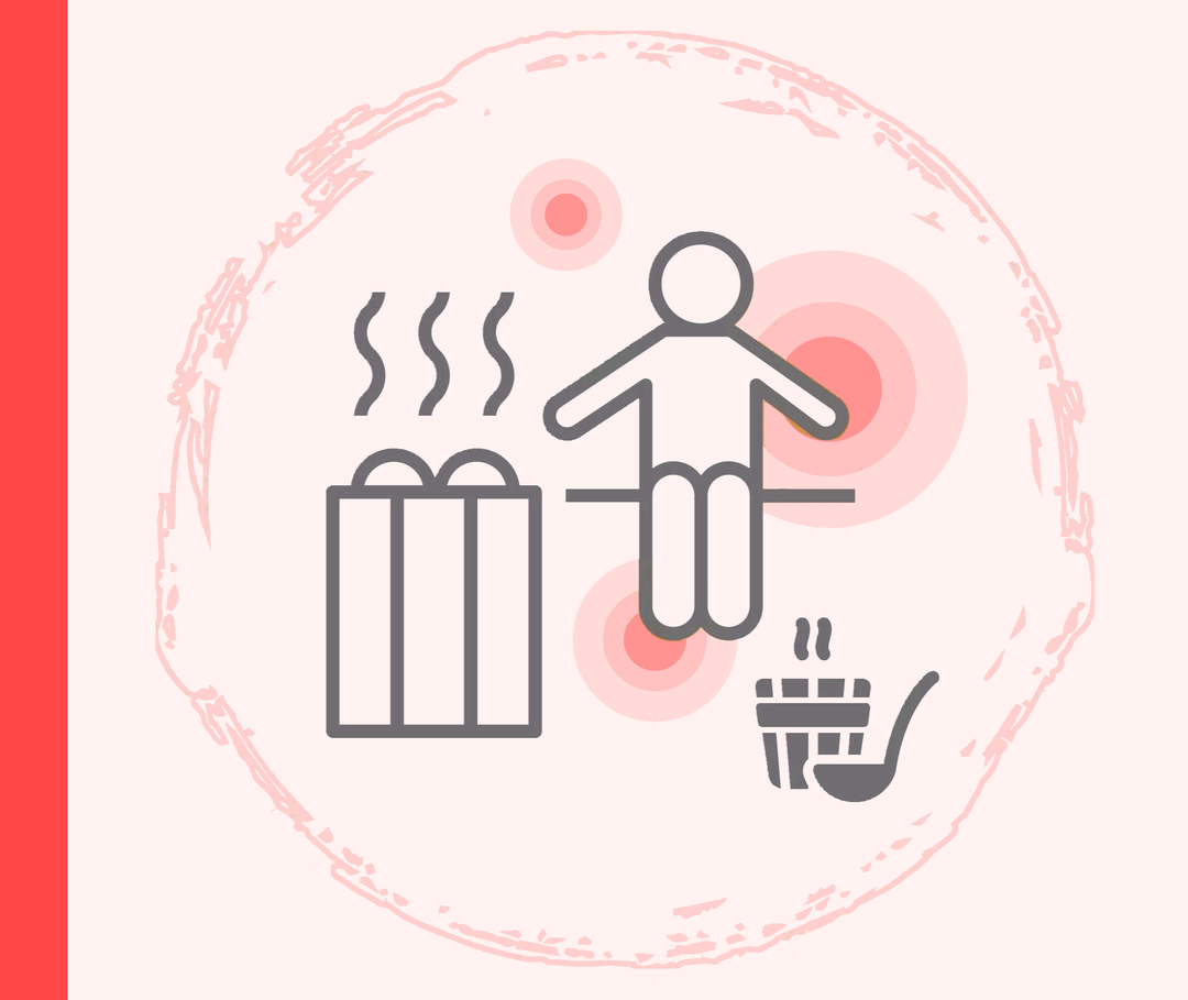 Grafik eines Menschen in der Sauna mit Saunaofen und Aufgusseimer.