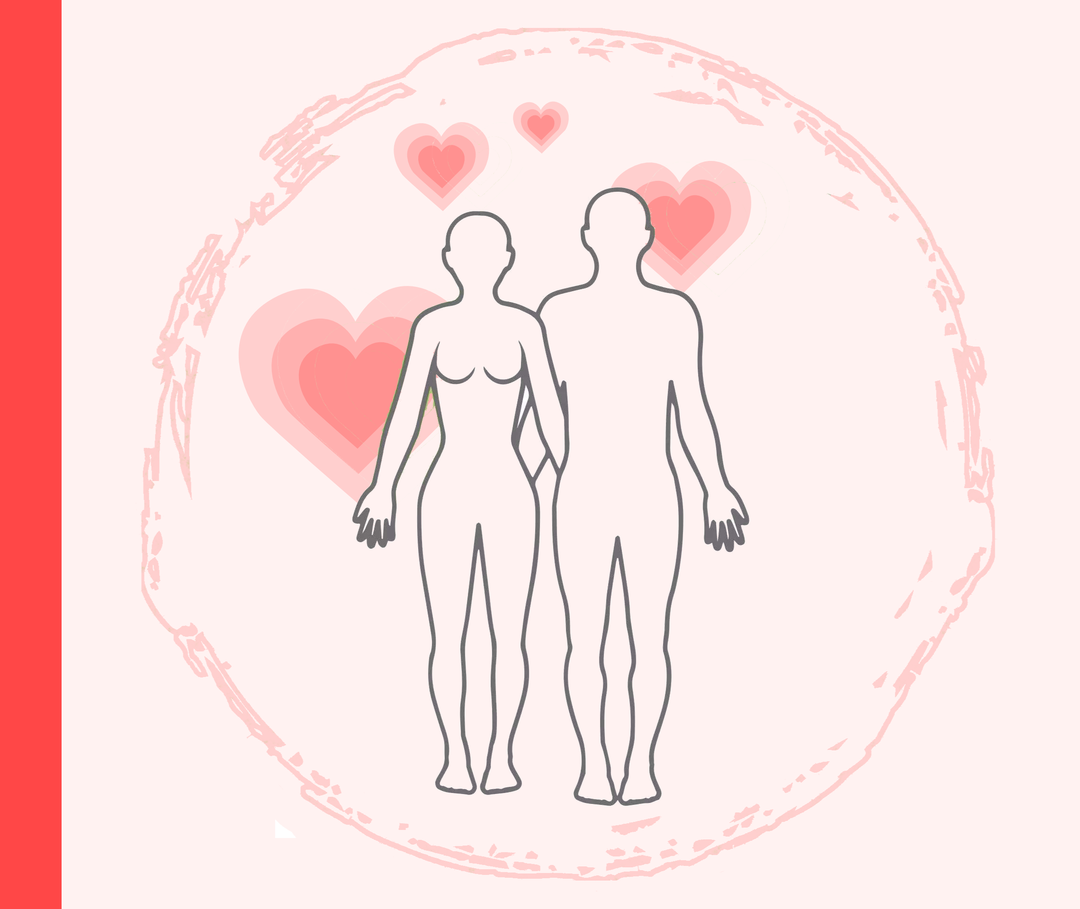 Umrisse einer Frau und eines Manns mit orangen Herzen im Hintergrund.