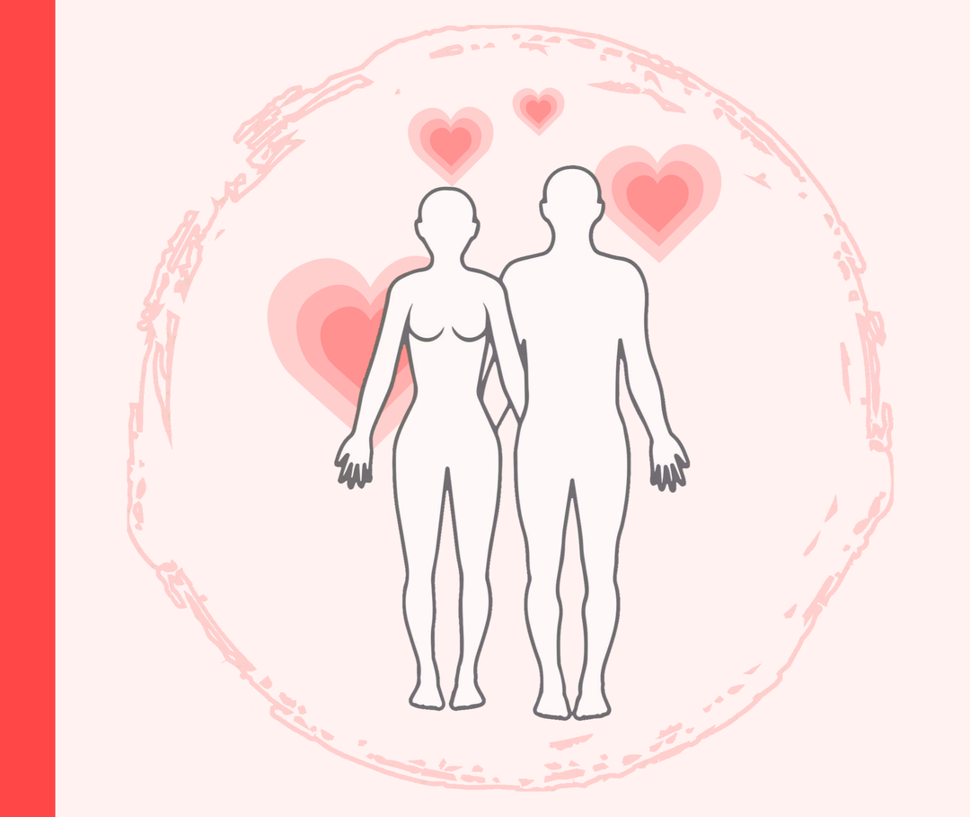 Umrisse einer Frau und eines Manns mit orangen Herzen im Hintergrund.