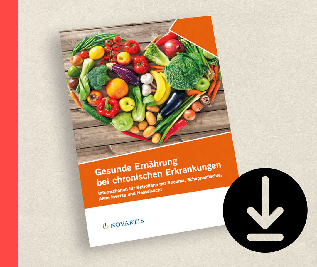 Die Patientenbroschüre zu Ernährung. Auf dem Cover sind verschiedene Gemüsesorten so gelegt, dass sie ein Herz formen.