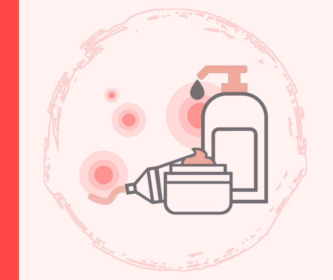 Grafik einer Cremetube, eines Tiegels mit Creme und eines Seifenspenders mit Tropfen.