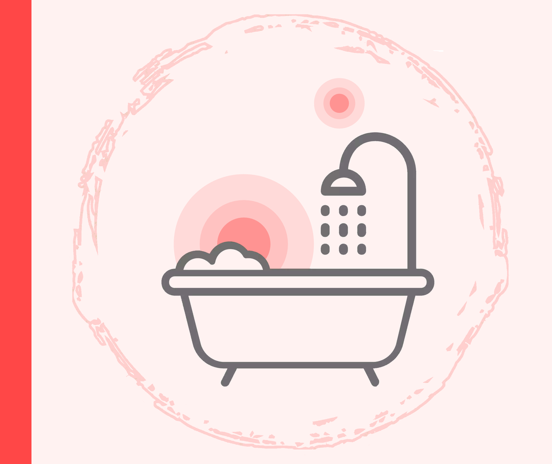 Grafik einer Badewanne mit Badeschaum und Dusche, aus der Wasser fließt.