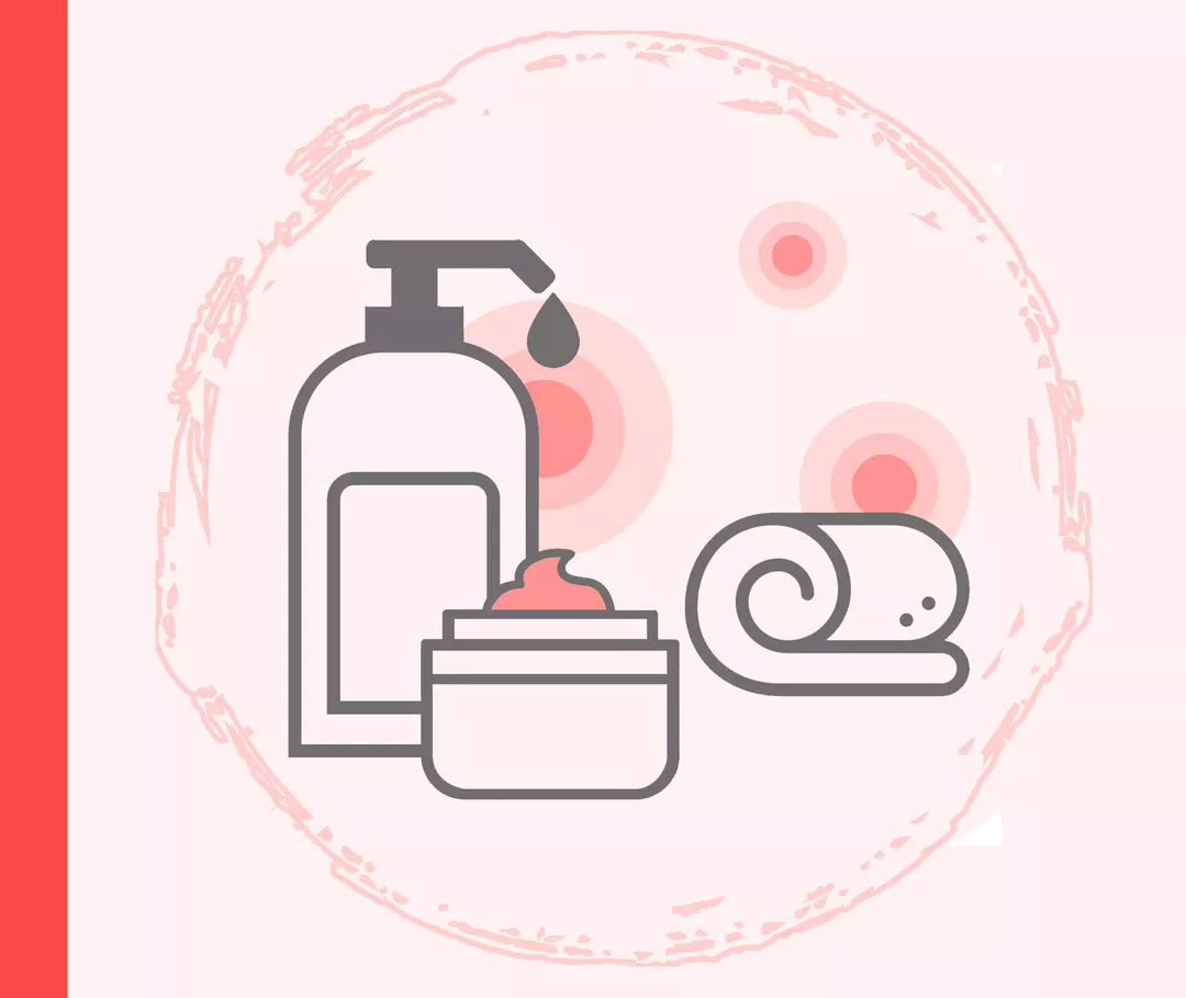 Psoriasis: Feuchtigkeitspflege Grafik eines Seifenspenders, eines Tiegels mit Creme und eines zusammengerollten Handtuchs.