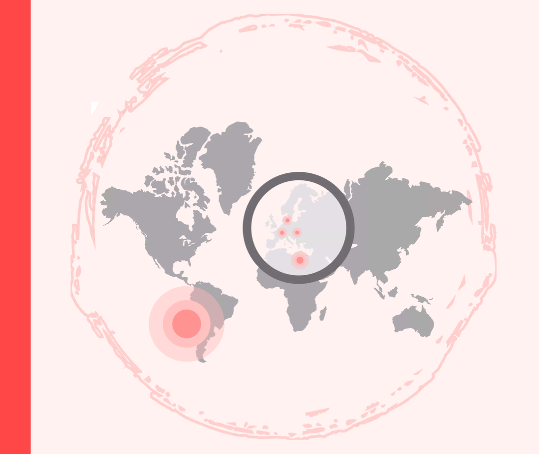 Grafik einer Weltkarte. Europa ist von einem Kreis umschlossen und weist mehrere kleine Markierungen auf. Zudem ist Südamerika mit einer sehr großen Markierung versehen.