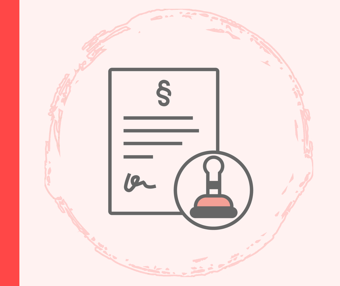 Ein Icon zeigt ein Dokument mit Paragraf und einen Stempel.