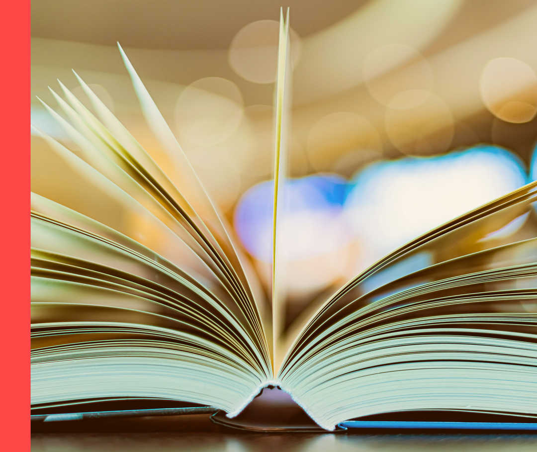 Ein geöffnetes Buch, bei dem einige Seite in der Luft stehen. 