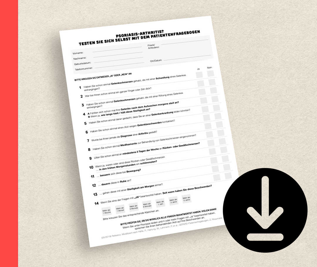 Abbildung des Formulars „Psoriasis-Arthritis? Testen Sie sich selbst mit dem Patientenfragebogen“. 