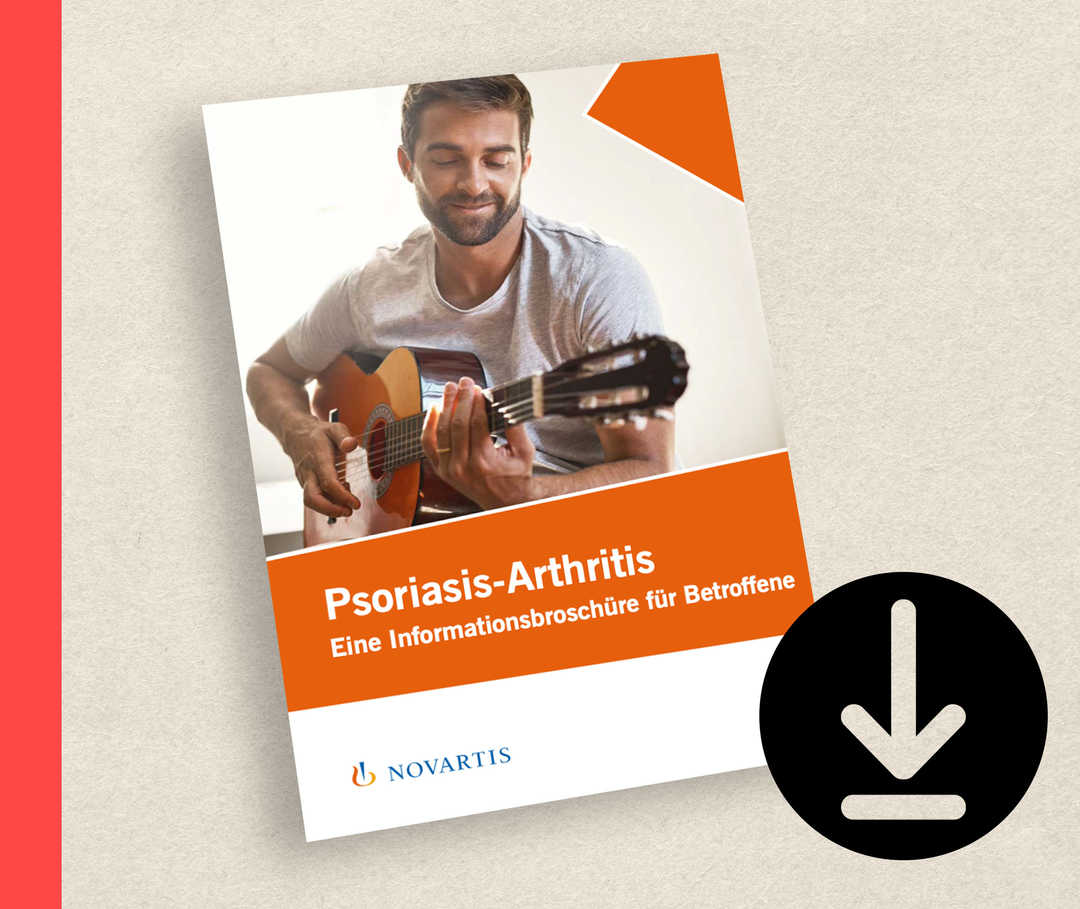 Bild der Patientenbroschüre zu Psoriasis-Arthritis. Darauf ein Foto eines Mannes, der Gitarre spielt. 