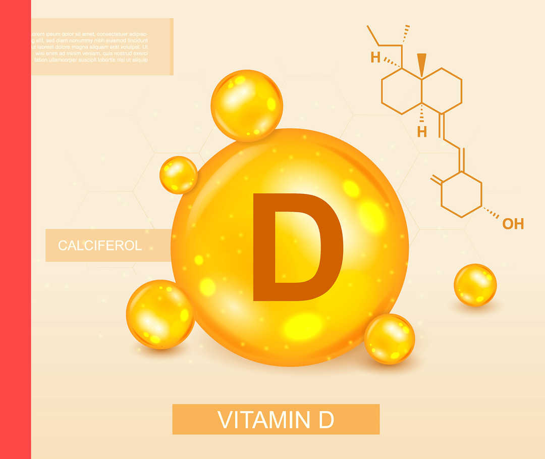 Symbolgrafik mit dem Schriftzug Vitamin D und einer großen gelben Kugel mit einem D und mehreren kleinen gelben Kugeln